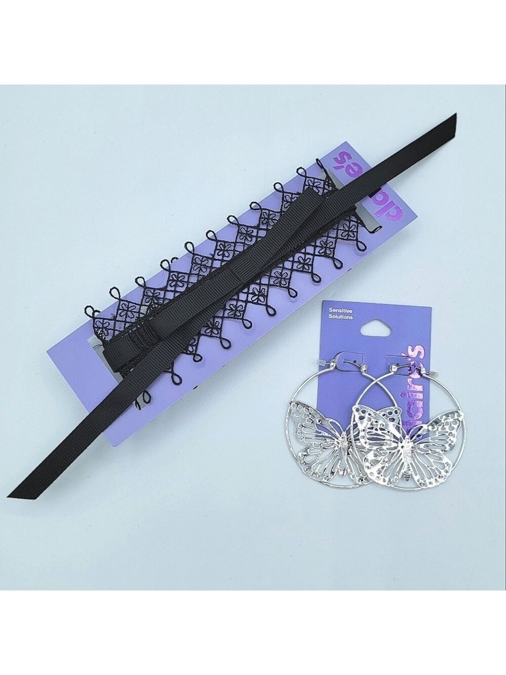 Claire's Black Choker & Silver Butterfly Earrings Set NEW #0016